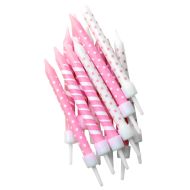 Pink Polka Dot & Candy Cane Stripe Candles With Holders - 12pk