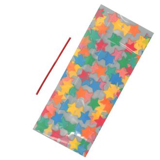 20 Multi Coloured Star Cello Bags With Ties - 127mm x 285