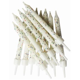 White Glitter Candles With Holders - 12pk