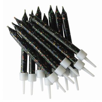 Black Glitter Candles With Holders - 12pk
