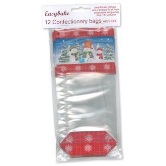 Snowman Design Confectionery / Sweet Bags & Ties - 12pk