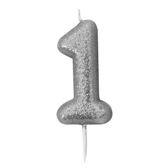 '1' Silver Glitter Candle with Pick