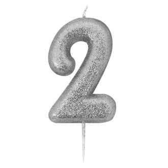 '2' Silver Glitter Candle with Pick