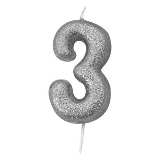'3' Silver Glitter Candle with Pick