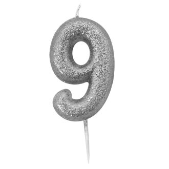 '9' Silver Glitter Candle with Pick