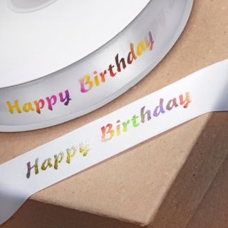 Happy Birthday - White Ribbon with Multi Coloured Writing - 1m