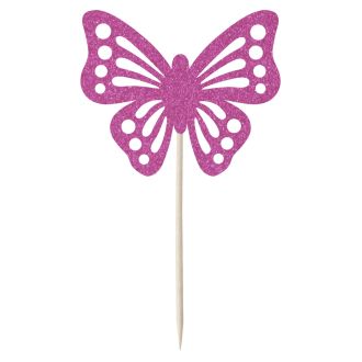 Hot Pink Glitter Butterfly Cupcake Toppers - 6pk