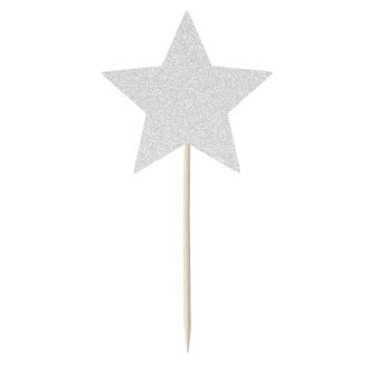 Silver Glitter Star Cupcake Toppers - 12pk