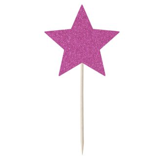 Hot Pink Glitter Star Cupcake Toppers - 12pk