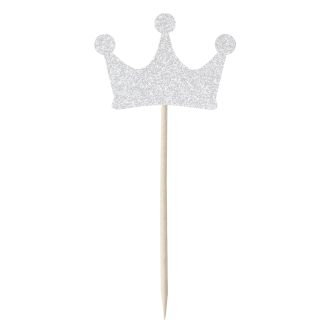 Silver Glitter Crown Cupcake Toppers - 12pk