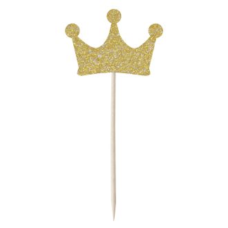 Gold Glitter Crown Cupcake Toppers - 12pk