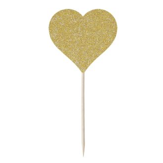 Gold Glitter Heart Cupcake Toppers - 12pk