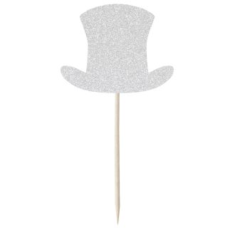 Silver Glitter Top Hat Cupcake Toppers - 12pk