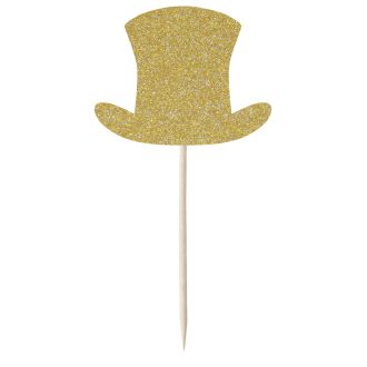 Gold Glitter Top Hat Cupcake Toppers - 12pk