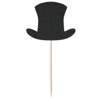 Black Glitter Top Hat Cupcake Toppers - 12pk