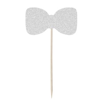 Silver Glitter Bow Tie Cupcake Toppers - 12pk
