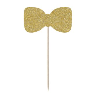 Gold Glitter Bow Tie Cupcake Toppers - 12pk