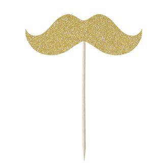 Gold Glitter Moustache Cupcake Toppers - 12pk