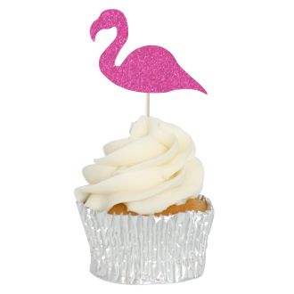 Hot Pink Glitter Flamingo Cupcake Toppers - 12pk
