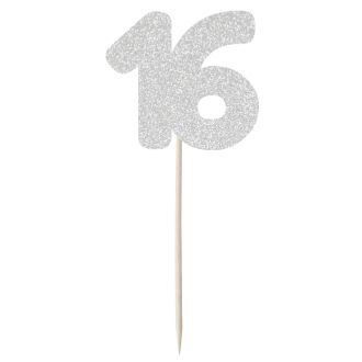 Silver Glitter Number 16 Cupcake Toppers - 12pk