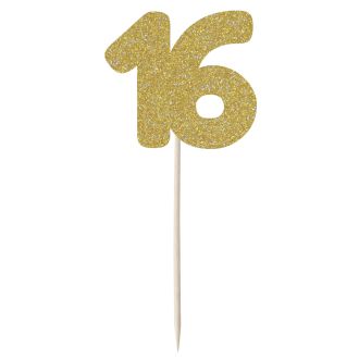 Gold Glitter Number 16 Cupcake Toppers - 12pk