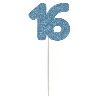 Blue Glitter Number 16 Cupcake Toppers - 12pk