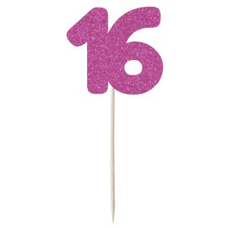 Hot Pink Glitter Number 16 Cupcake Toppers - 12pk