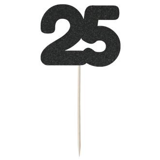 Black Glitter Number 25 Cupcake Toppers - 12pk