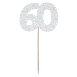Silver Glitter Number 60 Cupcake Toppers - 12pk