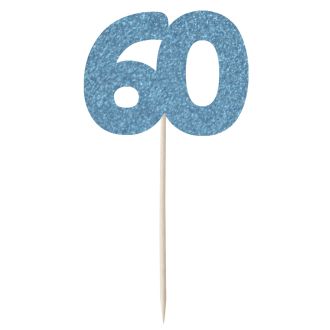 Blue Glitter Number 60 Cupcake Toppers - 12pk