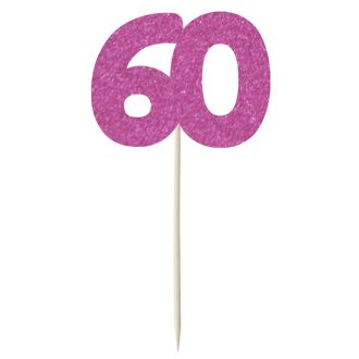Hot Pink Glitter Number 60 Cupcake Toppers - 12pk