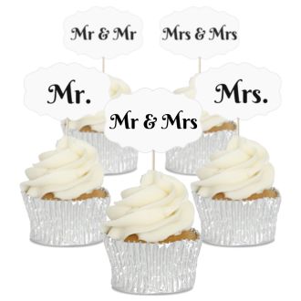 Mr & Mrs Wedding Cupcake Toppers - 12pk
