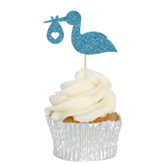 Blue Glitter Stork & Baby Cupcake Toppers - 12pk