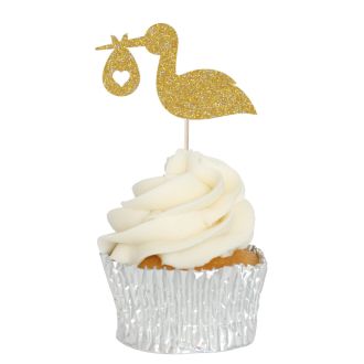 Gold Glitter Stork & Baby Cupcake Toppers - 12pk