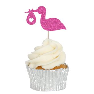 Hot Pink Glitter Stork & Baby Cupcake Toppers - 12pk