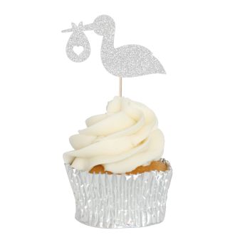 Silver Glitter Stork & Baby Cupcake Toppers - 12pk