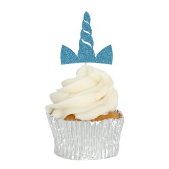 Blue Glitter Unicorn Horn Cupcake Toppers - 6pk