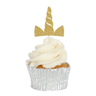 Gold Glitter Unicorn Horn Cupcake Toppers - 6pk