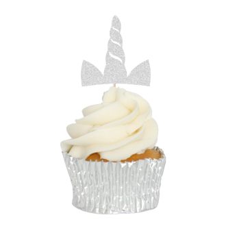 Silver Glitter Unicorn Horn Cupcake Toppers - 6pk