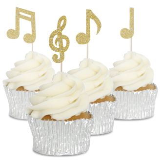 Gold Glitter Music Notes Cupcake Toppers - 12pk