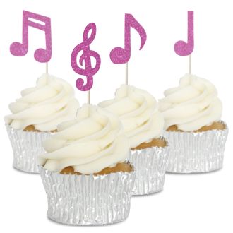 Hot Pink Glitter Music Notes Cupcake Toppers - 12pk