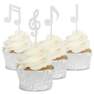 Silver Glitter Music Notes Cupcake Toppers - 12pk