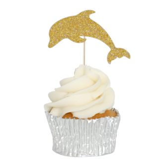 Gold Glitter Dolphin Cupcake Toppers - 12pk