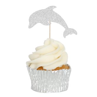 Silver Glitter Dolphin Cupcake Toppers - 12pk