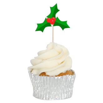 Festive Holly Cupcake Toppers - 12pk