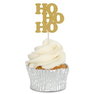 Gold Glitter HO HO HO Cupcake Toppers - 6pk