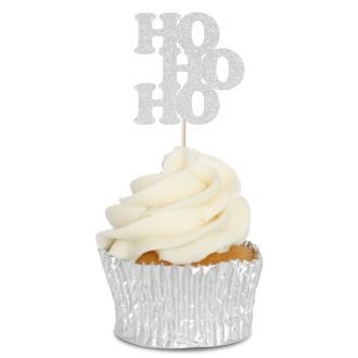 Silver Glitter HO HO HO Cupcake Toppers - 6pk