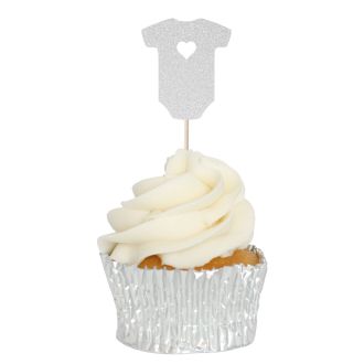 Silver Glitter Glitter Baby Grow Cupcake Toppers - 12pk