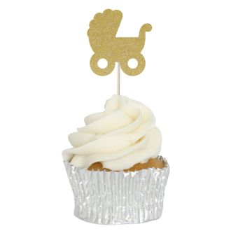 Gold Glitter Glitter Baby's Pram Cupcake Toppers - 12pk