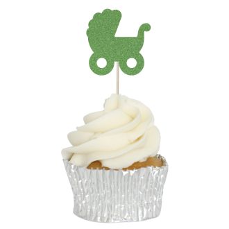Green Glitter Glitter Baby's Pram Cupcake Toppers - 12pk